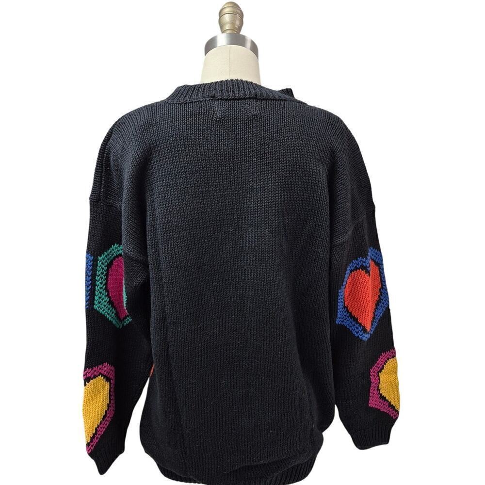90s Y2K Marnie West Ramie/Cotton Black Sweater Colorful Intarsia Hearts Women M - Picture 3 of 4